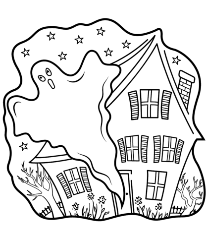 Haunted Houses With Ghost Coloring Page